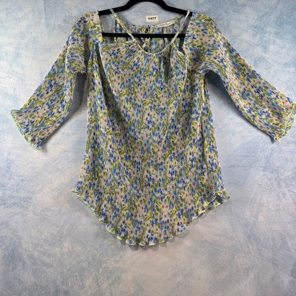 Violeta by Mango Floral Cold Shoulder Pleated Blouse Blue Green Womens Size 14